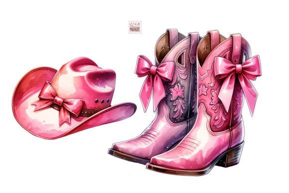 Coquette Pink Cowgirl Hat Boots PNG Bow Design