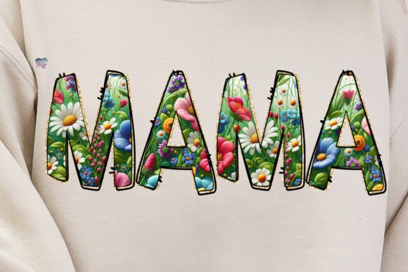 Faux Embroidered Floral Mama PNG